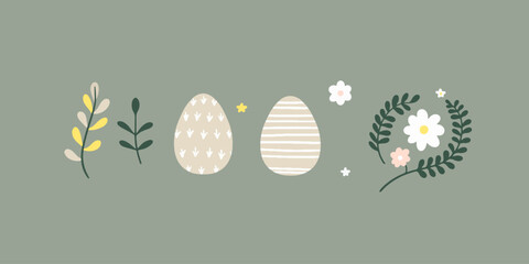 Vector set of easter elements with bunny, flowers, eggs. Easter chicken on the lawn.
