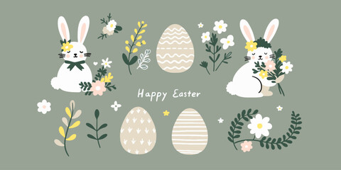 Vector set of easter elements with bunny, flowers, eggs. Easter chicken on the lawn.
