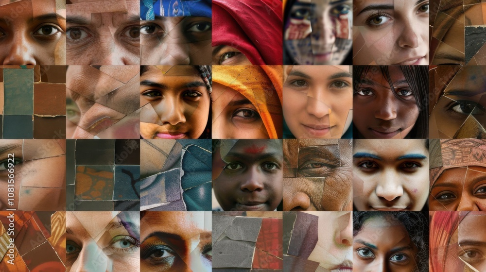 Poster faces of various ethnicities merging into a mosaic of humanity, reflecting the richness and diversit