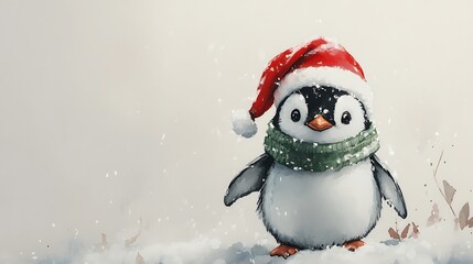 Cute watercolor penguin in a red Santa hat and a cozy green scarf, standing on a snowy landscape, minimal white canvas, delicate brushwork, intricate feather details, festive and lively vibe,