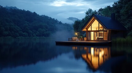 Fototapeta premium Lakeside cabin with a wooden deck, reflection of the house on the water, cozy lighting