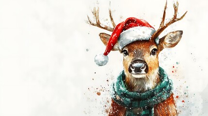 Cute watercolor reindeer dressed in a Santa hat and a green scarf, standing happily against a white background, soft and delicate brushwork, intricate fur details, festive holiday mood, hd quality,