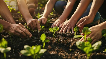 Hands planting seeds in a community garden, Symbolizing the growth and sustainability of inclusive communities, photography style