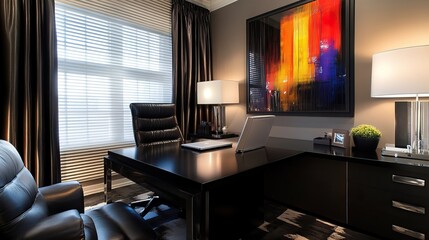 Chic home office study with black desk, sleek leather chair, stylish decor, modern art, and a...