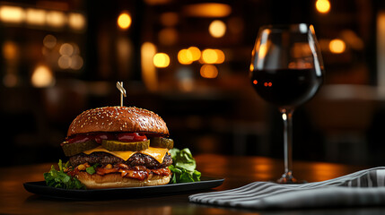 Obraz premium 3 Thick juicy hamburger with pickles and cheese, luxury dining table, warm lighting, highly detailed ultrarealistic textures