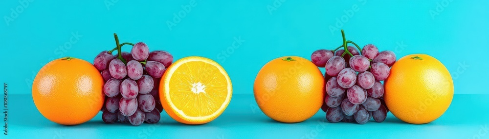 Aufkleber grapes vs oranges in a battle flat design front view fruit salad theme cartoon drawing triadic color