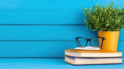 Blue Wood Background Books Plant Glasses Reading Study Still Life