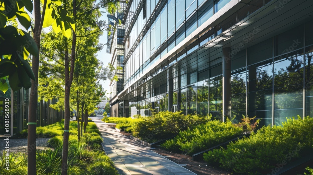 Poster Inclusive architecture depicted by a modern building designed with accessibility features and green spaces, Reflecting urban inclusivity, photography style