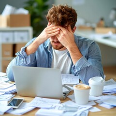 Burn out desk concept.A stressed man sits at a cluttered desk, overwhelmed by paperwork, coffee, and a laptop, signaling the pressures of work and organization.