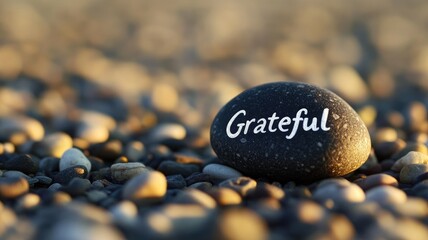 Black stone with "Grateful" written on it, surrounded by smaller pebbles