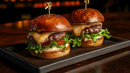 24 Beef slider with American cheese, luxury dark wood table, soft lighting enhancing ultrarealistic textures