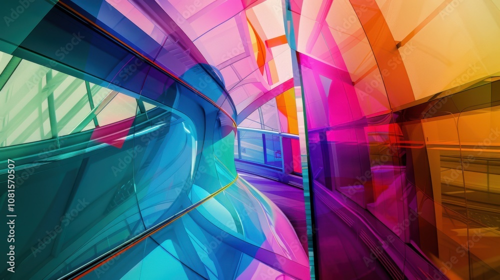 Poster inclusive futures, with abstract shapes in futuristic colors, symbolizing progress and diversity
