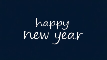 Fototapeta premium White handwriting thin letters Happy new year over empty dark blue background. Cursive text for celebrating the new year. Festive minimalistic horizontal banner with lettering.