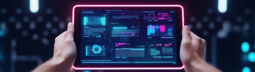 Hands holding a tablet with interactive electronics market data, neon accents, sharp lighting, holographic UI elements, futuristic report