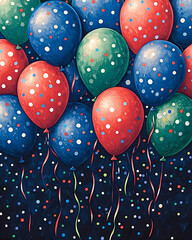 A cluster of colorful balloons with polka dots and confetti on a blue background.