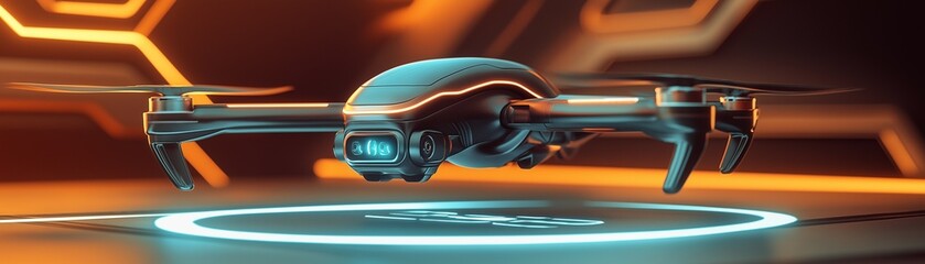 Obraz premium A drone hovers over glowing lights on the walls and floor. 