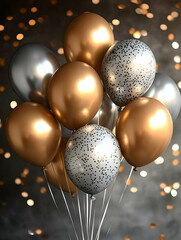 A cluster of gold and silver balloons against a sparkling background.
