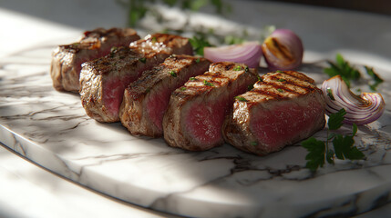 8 Sliced steak with grilled onions, marble luxury background, soft lighting casting shadows, ultrarealistic texture