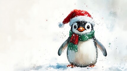 Festive watercolor penguin, wearing a red Santa hat and a green scarf, standing cheerfully on snow, plain white canvas, delicate and soft brushwork, detailed feather textures, hd quality,