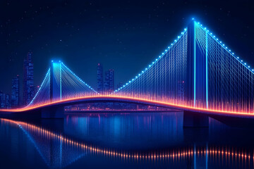 Obraz premium A futuristic bridge illuminated with neon lights spans a river, with a city skyline in the background.
