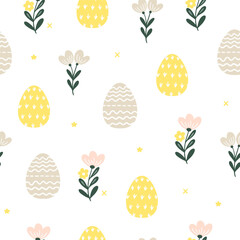 Seamless vector pattern for Easter. Seamless pattern of colorful silhouettes of rabbits, eggs and wild flowers.	