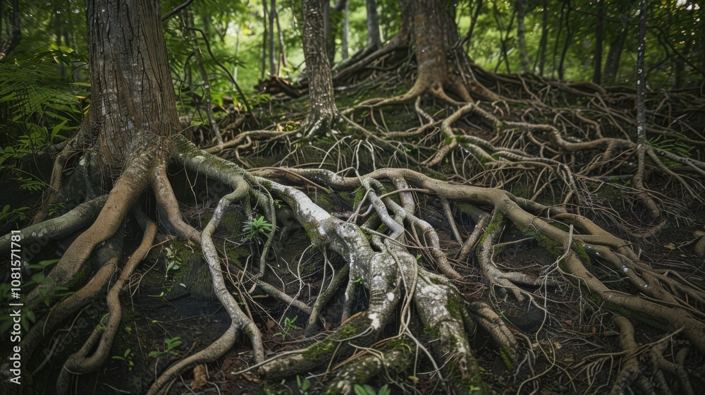 Poster interwoven roots of different trees in a dense forest ecosystem, illustrating the interconnectedness