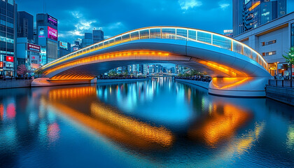 Obraz premium A modern pedestrian bridge illuminated at night with the reflection of the city lights in the water.