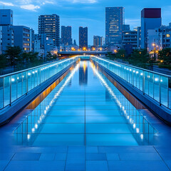 Fototapeta premium A modern pedestrian bridge with a reflecting pool in a city at dusk.