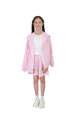 Portrait of Asian girl child in sport clothes standing with overcoat cover his body isolated on white background. Image full length.