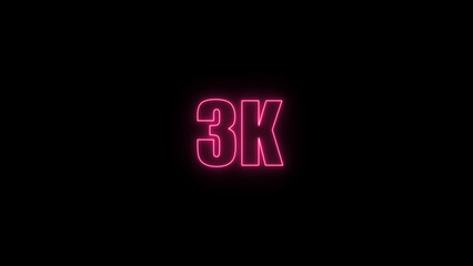 Glowing neon number  3k red  color with black background. neon style.,  subscribers celebration.	Followers, neeon Letters on black Background, Vector Illustration