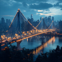Obraz premium A modern suspension bridge illuminated at night, with city lights reflecting on the water.