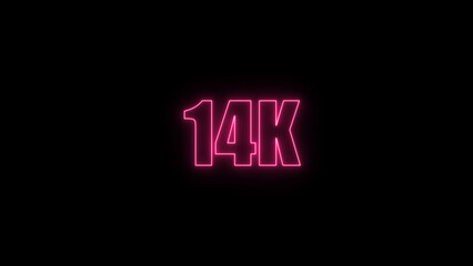 Glowing neon number 14 k red  color with black background. neon style.,  subscribers celebration.	Followers, neeon Letters on black Background, Vector Illustration