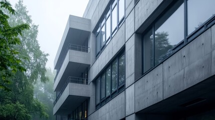 Obraz premium A Realistic Representation of Brutalist Architecture Showcasing Raw Concrete Textures and Personal Style in a Foggy Atmosphere
