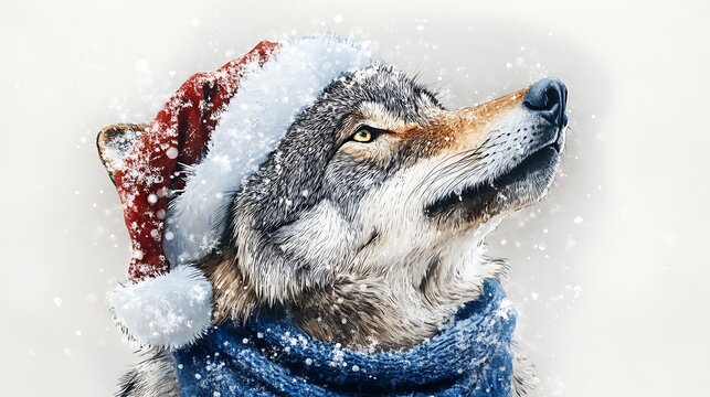 Majestic wolf howling at falling snowflakes, watercolor style, wearing a Santa hat and blue scarf, plain white canvas, soft and muted tones, wintery and festive feel, delicate fur details,