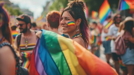 Obraz premium LGBTQ+ acceptance depicted through a series of moments at a pride parade where people of all orientations celebrate love and equality, Reflecting solidarity in diversity, photography style