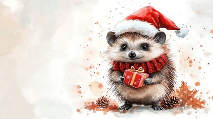 Playful hedgehog dressed in a Santa hat and knitted scarf, holding a tiny present, watercolor illustration, clean white backdrop, festive holiday scene, soft brush strokes, detailed fur texture,
