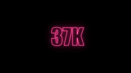 Glowing neon number  37k red  color with black background. neon style.,  subscribers celebration.	Followers, neeon Letters on black Background, Vector Illustration