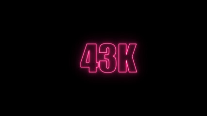 Glowing neon number  43k red  color with black background. neon style.,  subscribers celebration.	Followers, neeon Letters on black Background, Vector Illustration