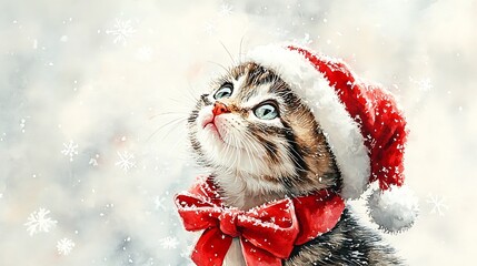 Playful kitten in a Santa hat and red bow scarf, gazing up at falling snowflakes, watercolor painting, minimalistic white canvas, intricate details, festive holiday theme, soft brushwork, hd quality,