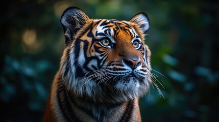 Fototapeta premium A majestic tiger with striking blue eyes stares intently at something off-camera in a lush green forest.