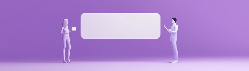 Obraz premium A cartoon characters standing on either side of a blank billboard banner. 