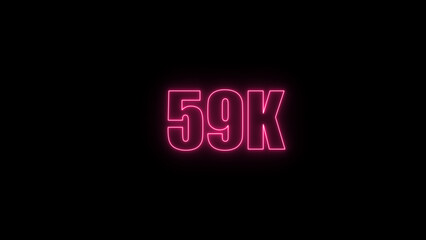 Glowing neon number 59 k red  color with black background. neon style.,  subscribers celebration.	Followers, neeon Letters on black Background, Vector Illustration