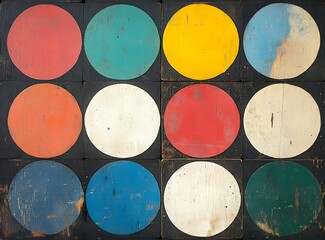 Vintage painted polka dot pattern on a distressed dark wood surface. Bold circular design with textured and weathered colors. Retro decorative background for posters, banners, and prints.