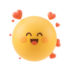 3D Render of a Smiling Emoji Face with Blushing Cheeks Surrounded by Floating Red Hearts on White Background