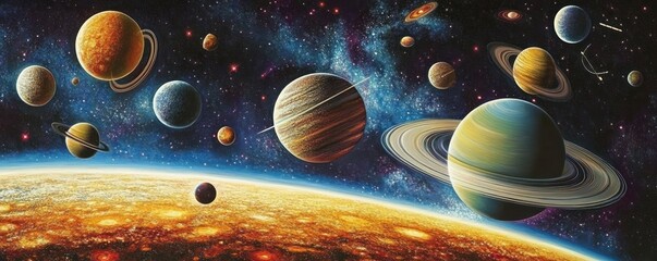 A vibrant depiction of planets in a cosmic scene, showcasing the beauty of the solar system.