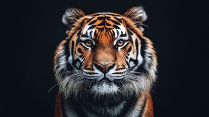 A close-up portrait of a tiger with intense amber eyes staring directly at the camera against a black background.