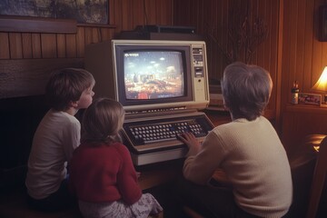 Three children watch a video game on a vintage computer in a cozy living room.
