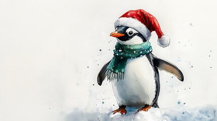 Playful penguin in a red Santa hat and green scarf, standing joyfully on snow, watercolor painting, minimalistic white canvas, intricate details, festive holiday theme, soft brushwork, hd quality,