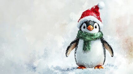 Playful penguin in watercolor style, wearing a red Christmas hat and a green scarf, standing cheerfully on snow, plain white background, soft and fluid brush strokes, festive holiday mood, hd quality,
