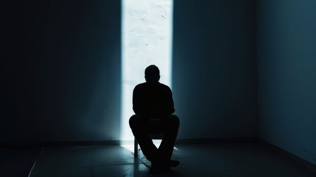 Mental health stigma portrayed by a silhouette sitting alone in a dimly lit room with shadows resembling silencing voices, Reflecting the unseen struggles of psychological challenges